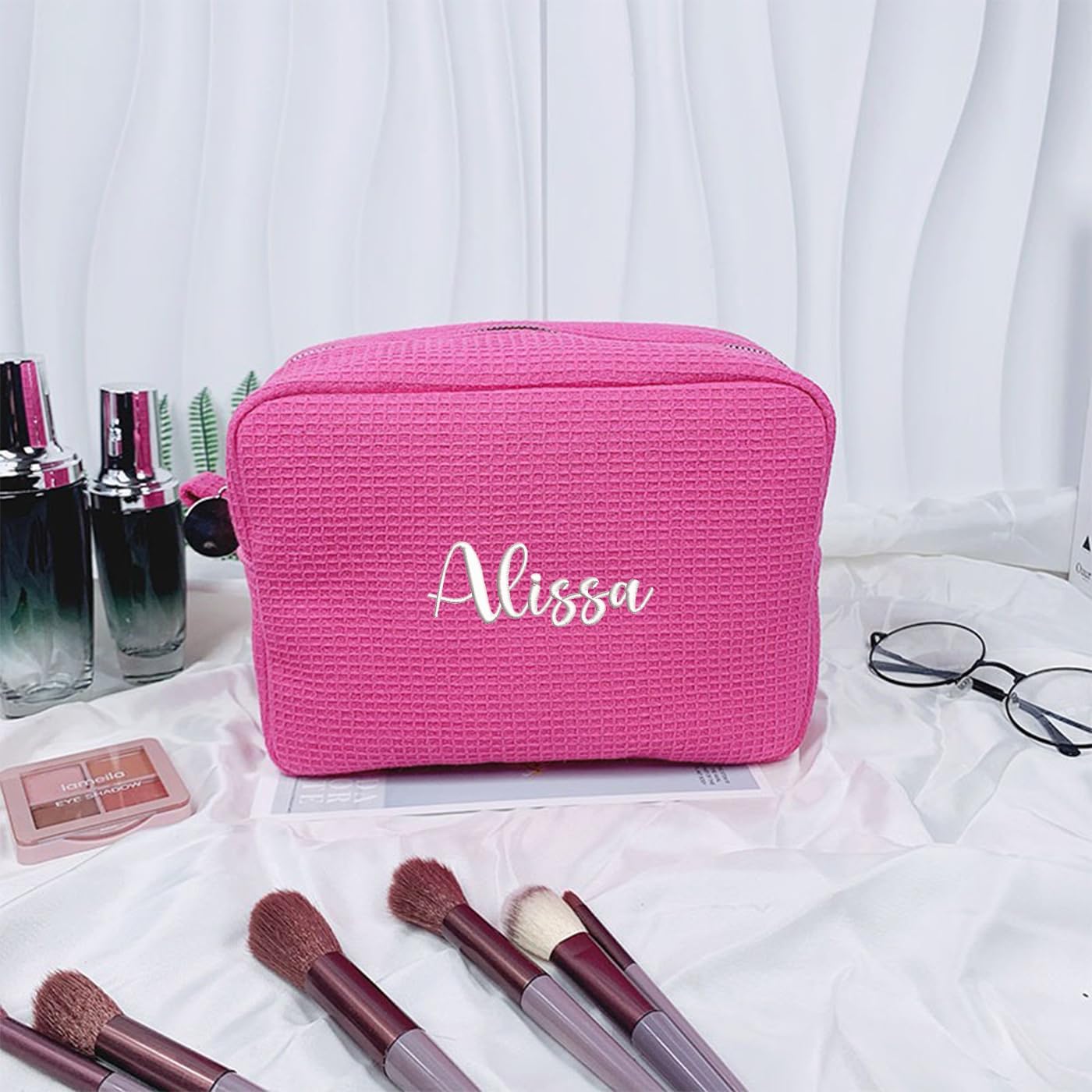GOPHIE Personalized Embroidered Makeup Bag,Custom Waffle Fabric Cosmetic Pouch for Women, Travel Makeup Pouch (3, Hot Pink)