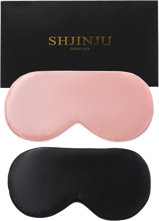 2-Pack 100% Real Natural Silk Eye Mask, Silk Sleeping Mask, Shade Puffy Eye Gift with Adjustable Straps, Sleep Eye Mask, SHJINJU Eye Mask Shade (Black and Leather Powder)