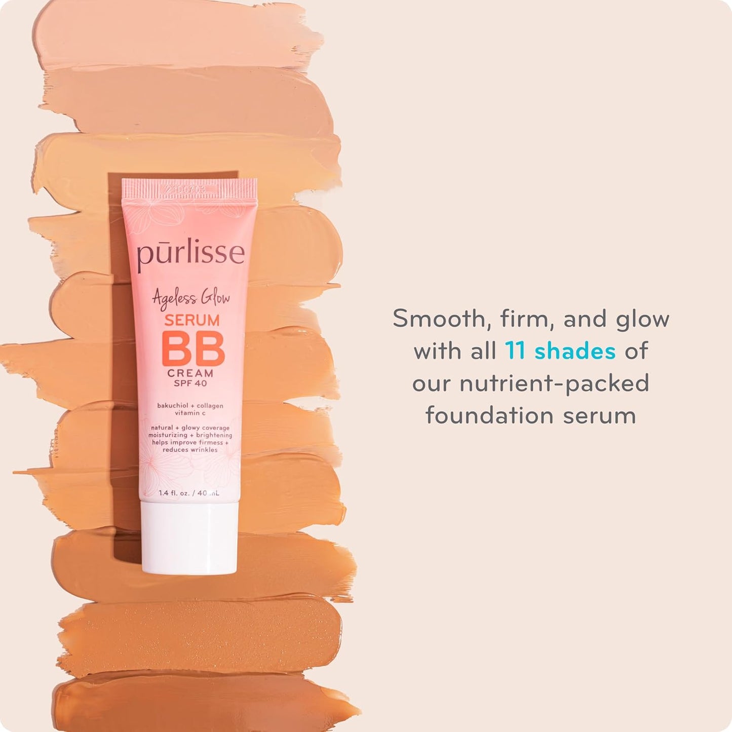pūrlisse Ageless Glow Serum BB Cream SPF 40 - Glow BB Cream with SPF Enriched with Bakuchiol & Vitamin C to Help Improve Firmness & Reduce Wrinkles for Dewy Skin - Light Medium (1.4 oz)
