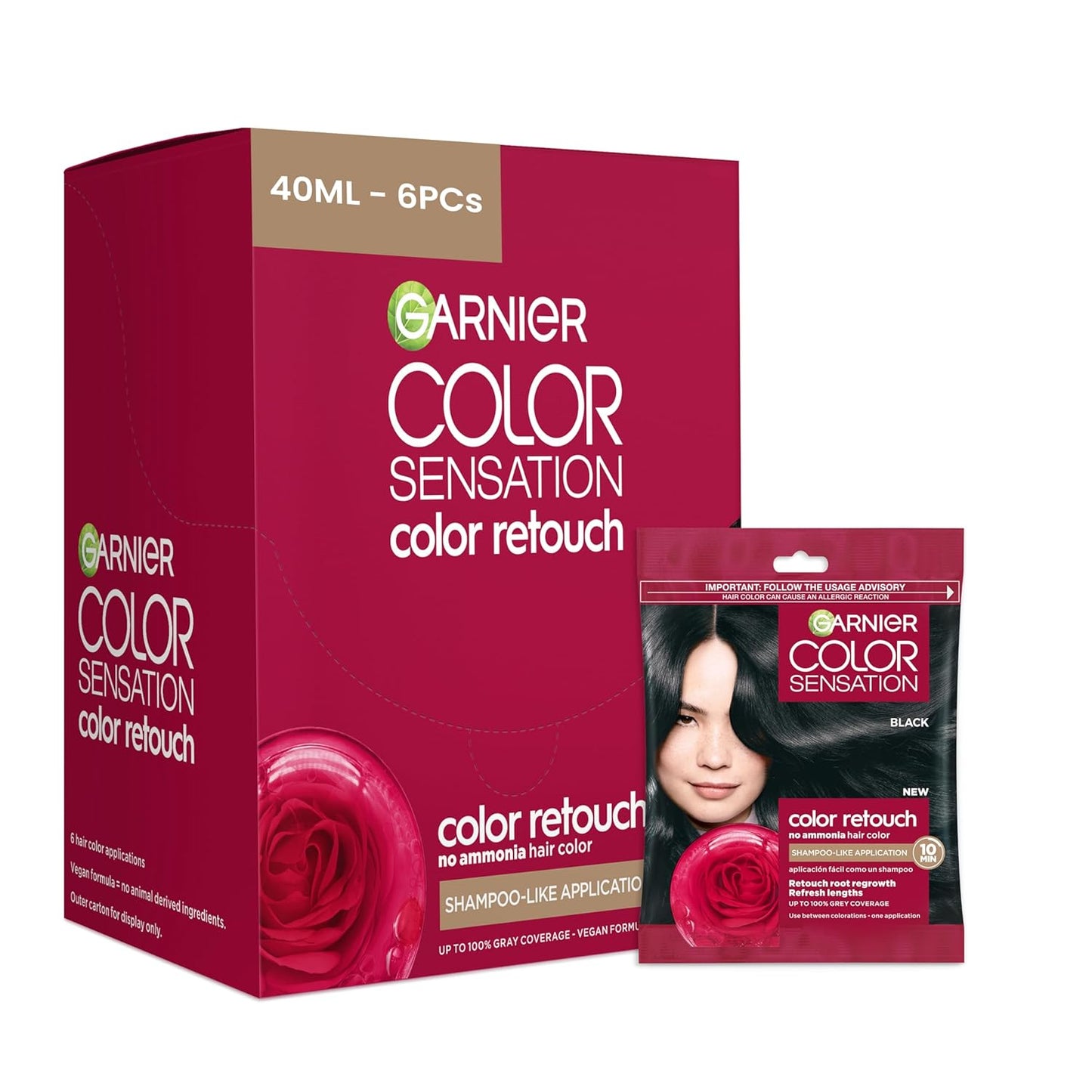 Garnier Color Sensation Color Retouch, Demi Permanent Hair Dye for Roots with 100% Gray Coverage, Black Hair Dye 1.0, Pack of 6