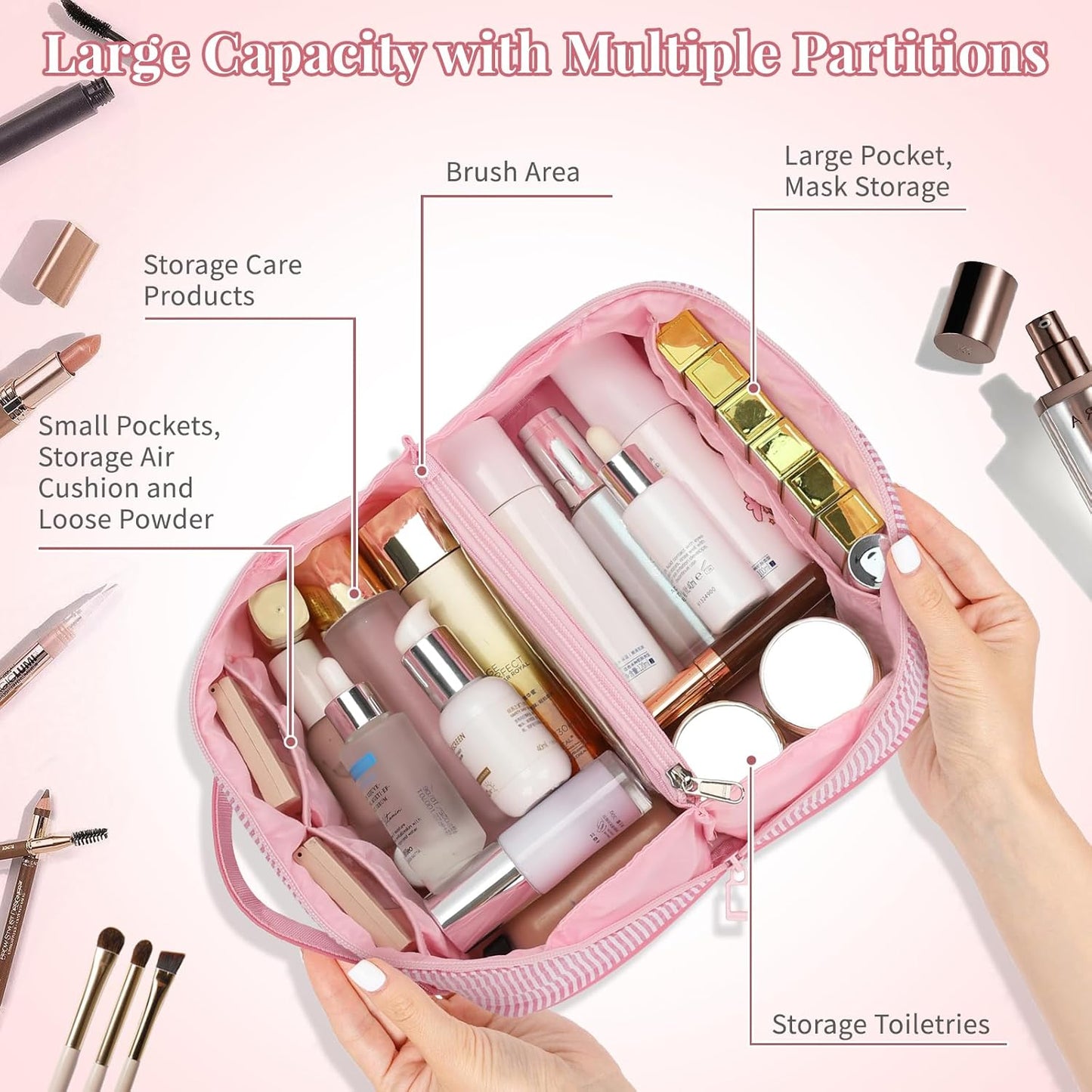 Travel Makeup Bag for Women, 2Pcs Portable Personalized Initial Makeup Organizer Bag, Open Flat Large Cosmetic Bag With Travel Essential Pouch (Pink Letter C)