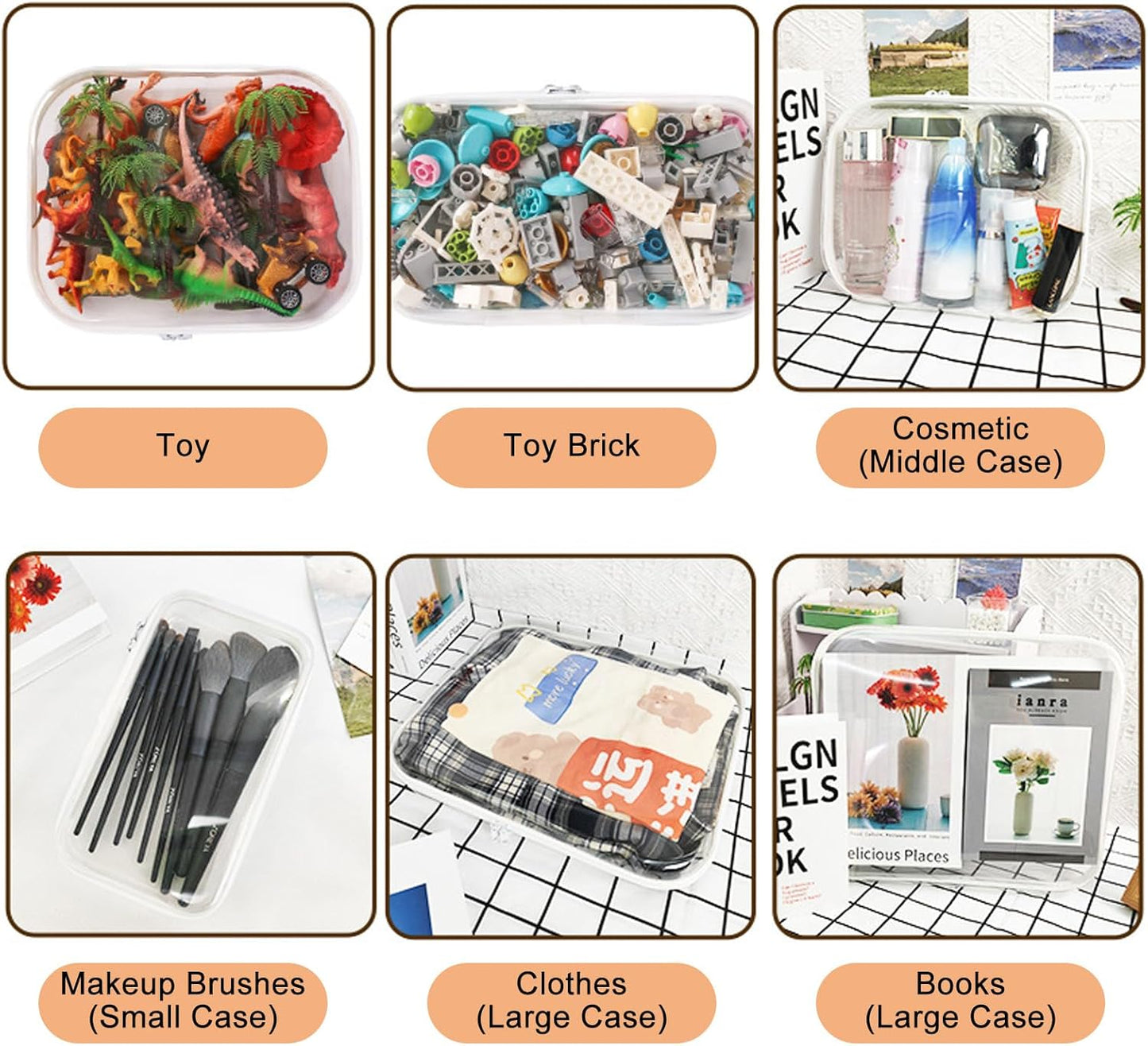 3PCS Clear Zipper Cases, Portable Clear Organizer Pouches for Travel, Double Zippered Hard Shell Plastic Case, Cosmetic Bag for Make Up Tools, Toiletries, Toy Storage(White,2 Pack)