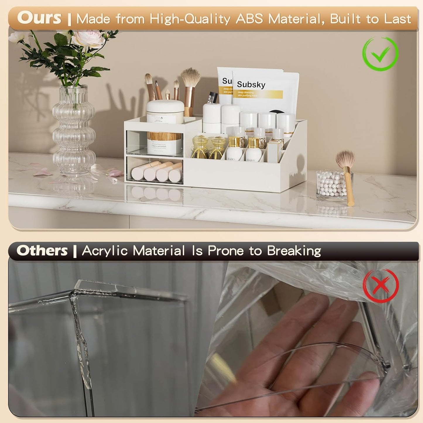 Subsky Makeup Organizer with Drawers, Easy Storage for Beauty Products Brushes, Multifunction Plastic Desk Organizer, Cosmetics Organizer for Countertop Dresser Vanity and Bathroom (White)