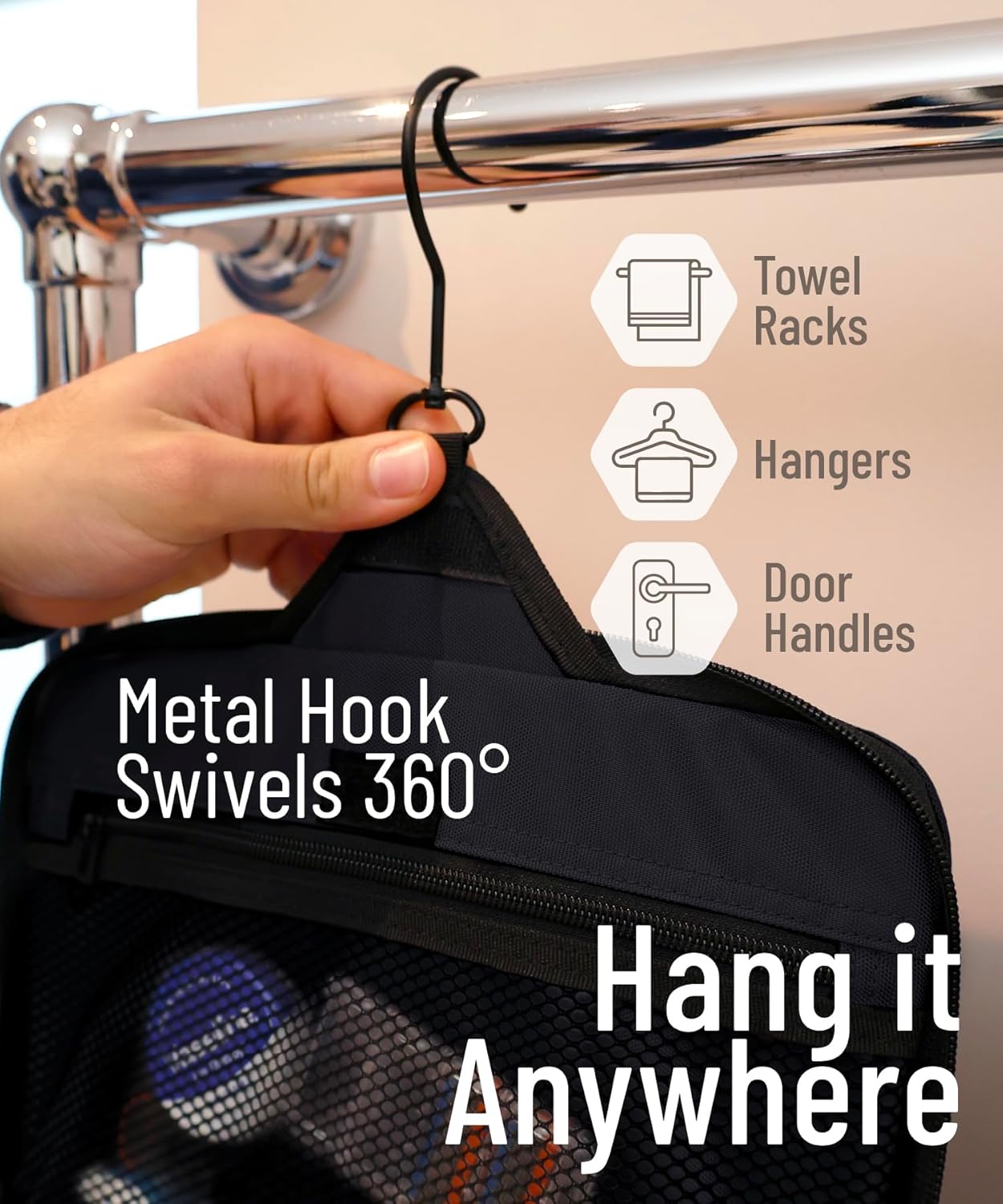 D&D Hanging Travel Toiletry Bag for Men and Women – Large Cosmetics, Makeup and Toiletries Organizer Kit with 10 Compartments, YKK Zippers, XXL Metal Swivel Hook, Water-Resistant Nylon