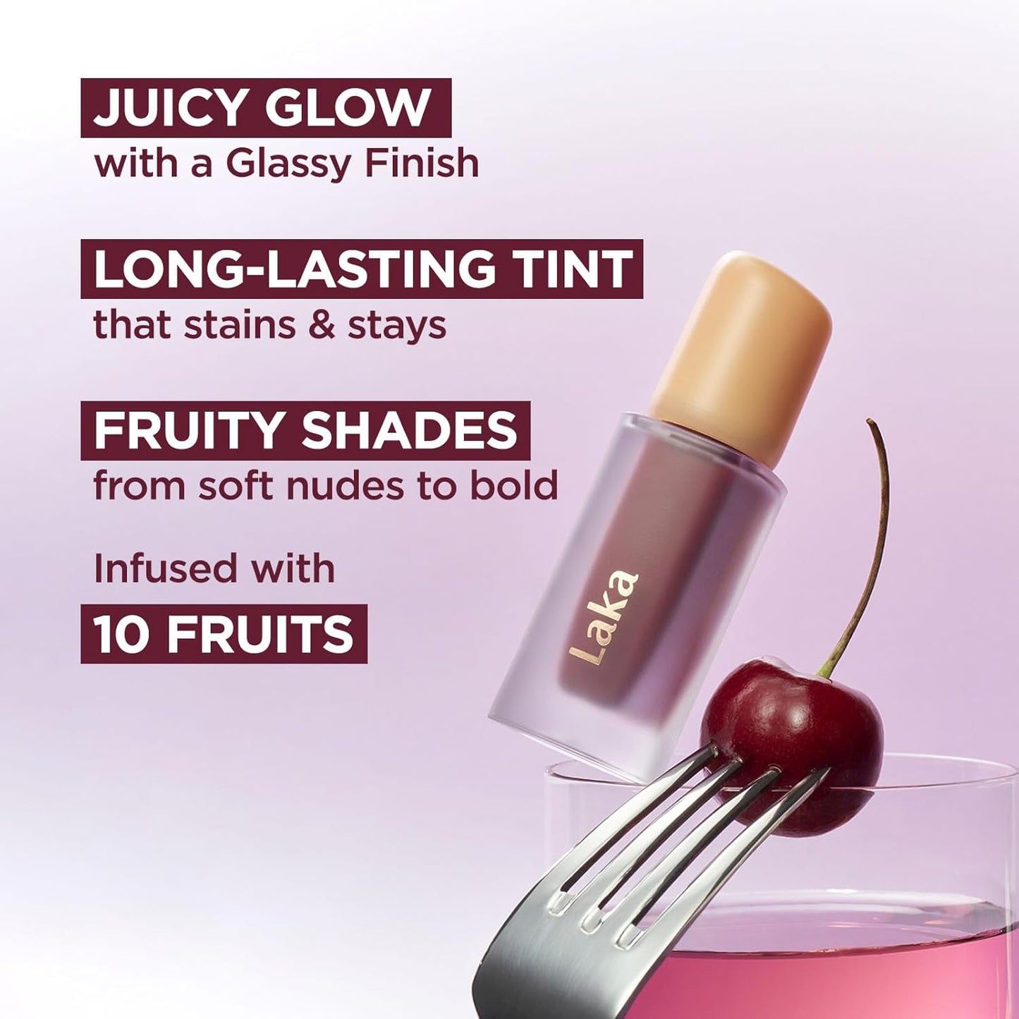 Laka Fruity Glam Tint, 4.5g/0.15 oz., Glowing Lip Stain with Wide Color Spectrum, Hydrating & Lightweight Texture, Long-Lasting Bold Stain, Non-Sticky, Vegan, K-Beauty (#124 Maro)