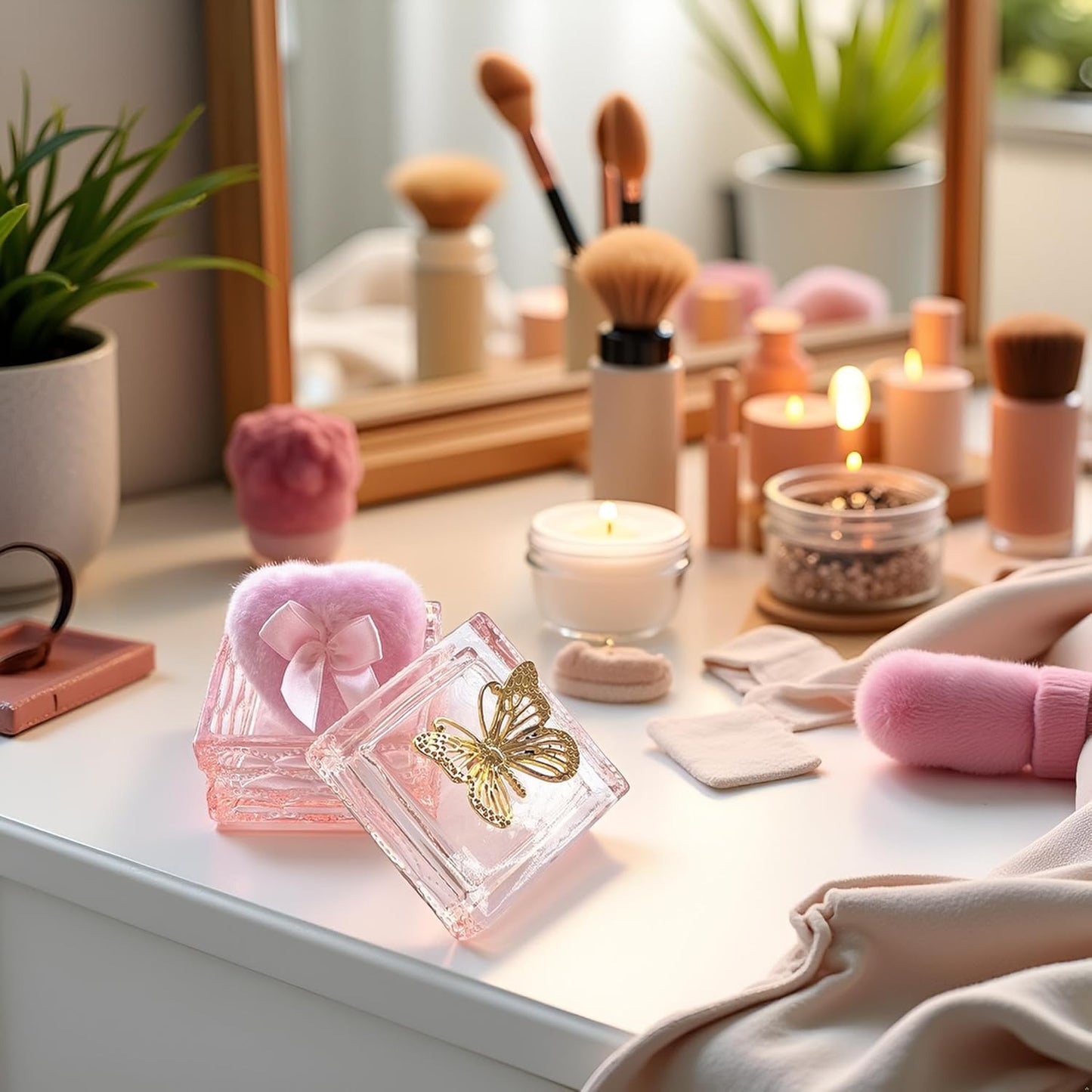 Body Powder Puff and Container - Glass Dusting Powder Container with Soft Puffs Vintage Powder Puff Case for Women & Girls (3.23x3.23x2.95 H IN) - GRB016-Pink