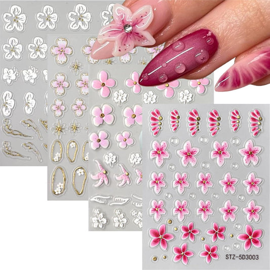 4 Sheets Flower Nail Stickers for Nail Art 5D Self Adhesive Spring Nail Art Stickers White Pink Flower Nail Decals Spring Nail Supplies Design for DIY Acrylic Nails for Women Girls