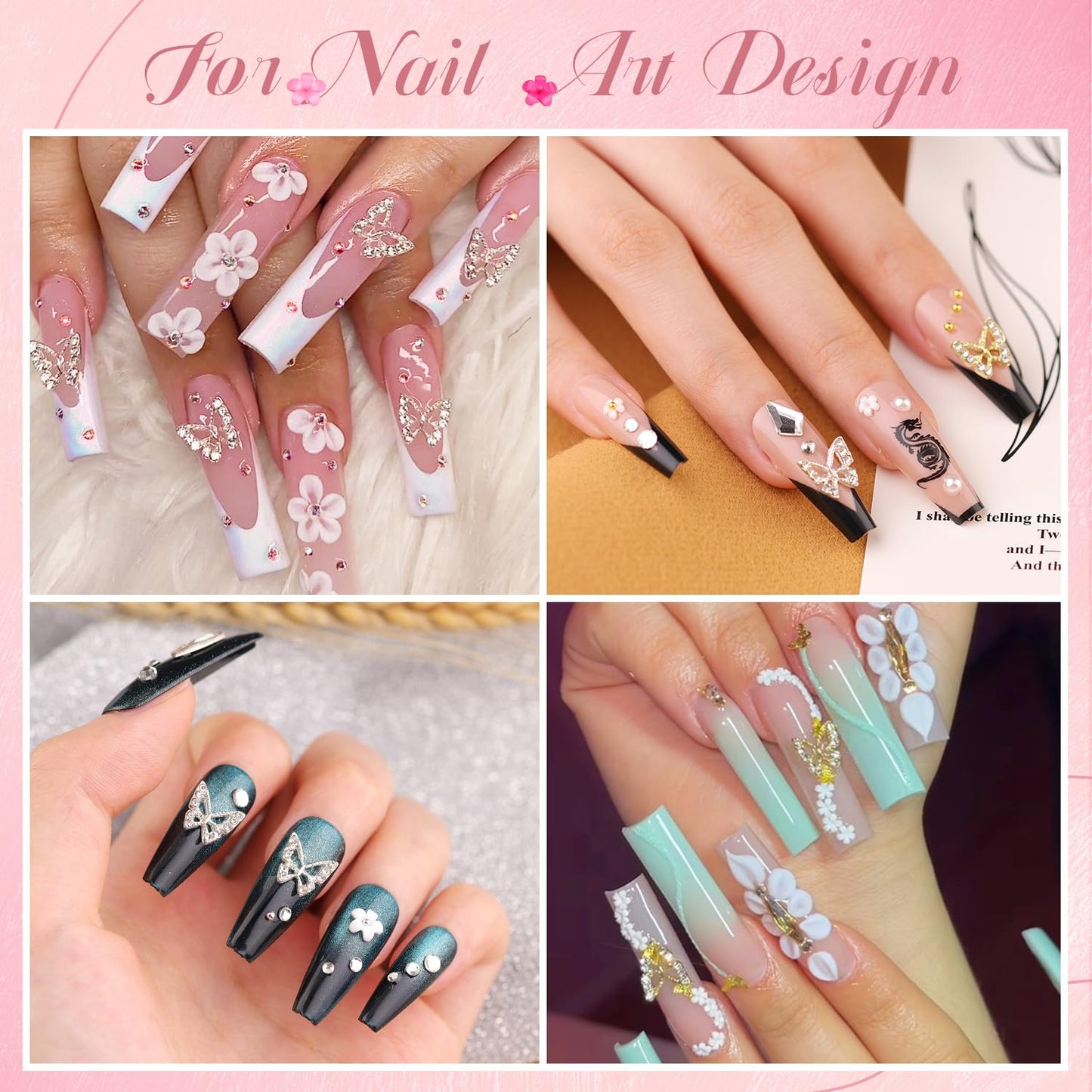 3D Nail Charms and Gems Set 3, 20PCS Gold and Silver Chunky Butterfly Nail Charms with Rhinestones, 3D Flowers for Nails, Crystal and Pearls + Metal Caviar Beads + Picker Tool for Y2K Nail Decoration