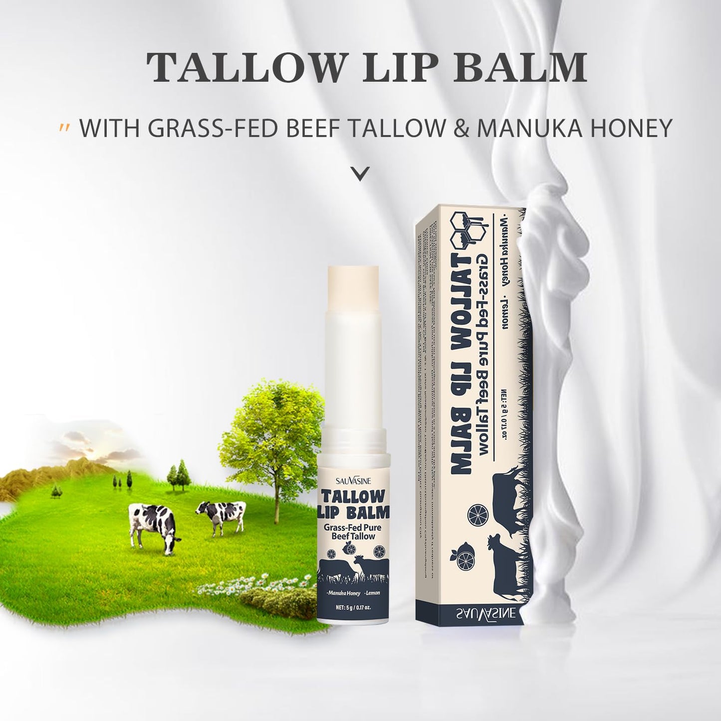 Tallow Lip Balm With Grass-Fed Beef Tallow & Manuka Honey Long-Lasting Moisturizing Lip For Cracked and Dull Lip, Natural Balm 5g/0.17oz