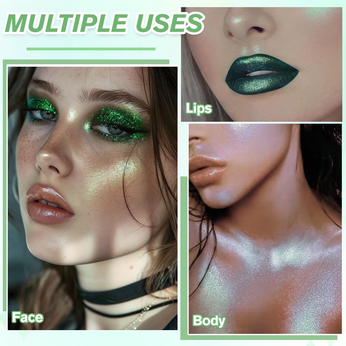 Highlighter Makeup Palette, Long Lasting New Formula, Dazzling Green-Silver Shimmer, Sheer Silver Base, Ideal for Face and Body Contour and Cheek Highlight (#04) Green-Silver Dazzling Shimmer