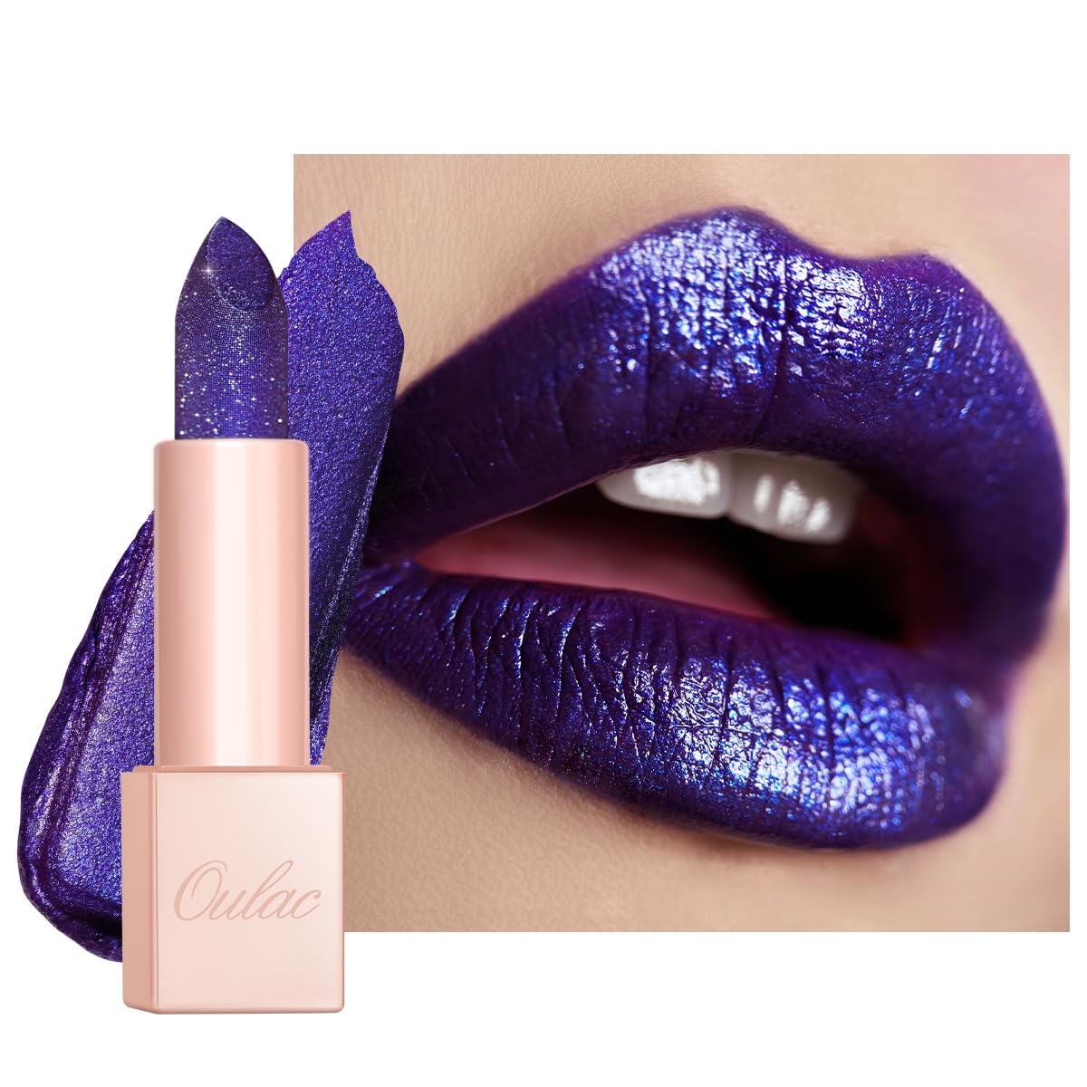 Oulac Blue Purple Glitter Lipstick, Infinity High Shine Finish, Hydrating Lip Color Infused with Damask Rose Oil for All-Day Comfort, Gluten-Free Vegan Beauty, D01 Sapphire