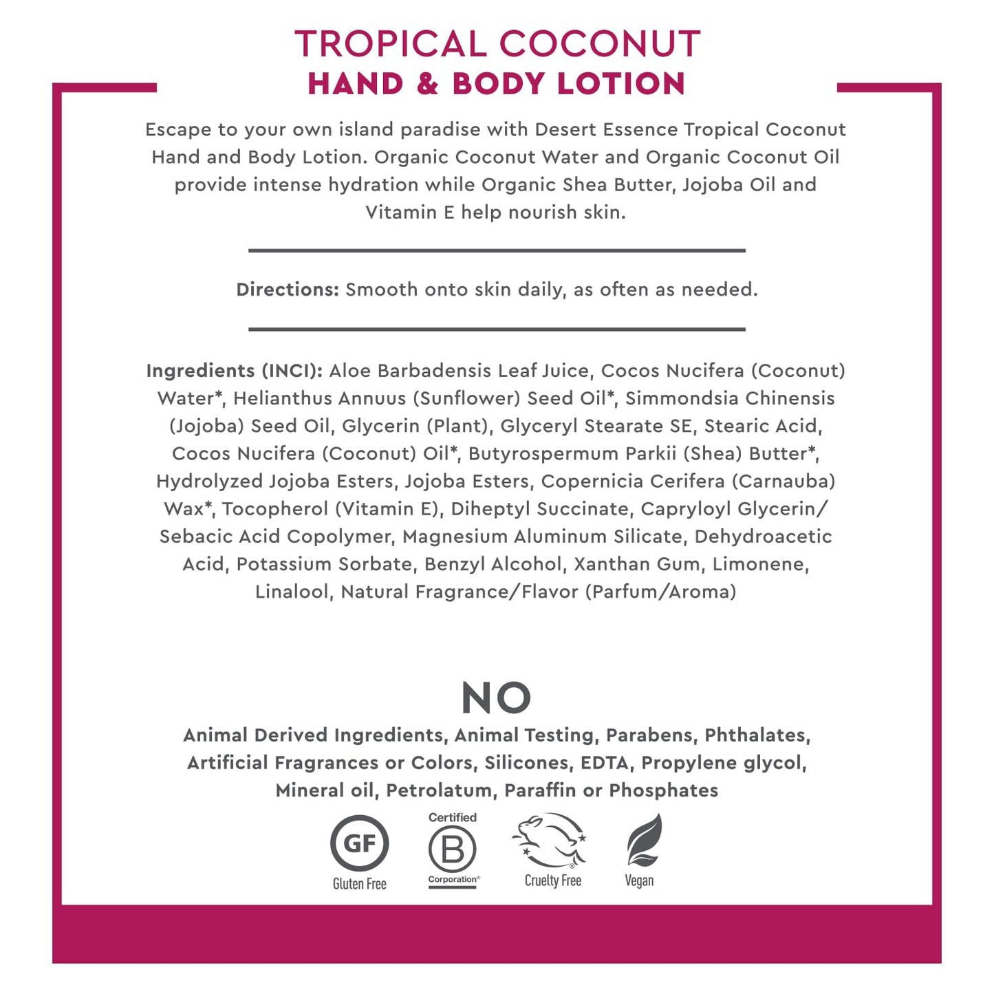 Desert Essence, Tropical Coconut Hand & Body Lotion 8 fl. oz. - Gluten Free - Vegan - Cruelty Free - Coconut Oil, Jojoba Oil & Vitamin E - Intense Hydration - Tropical Coconut Scent