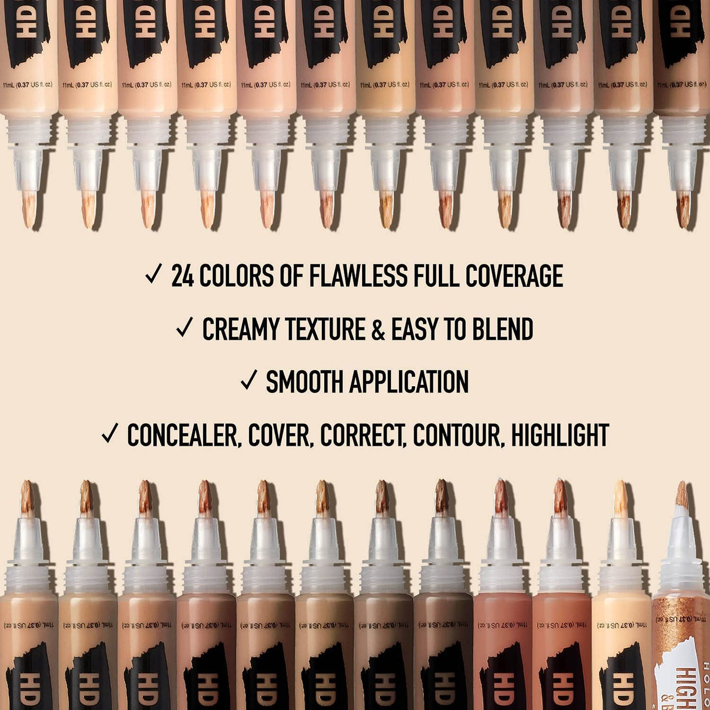 Ruby Kisses HD Brush Concealer & Foundation, Full Coverage, Color Correcting, Highlight, Contour 3 Pack (Dark Cocoa)
