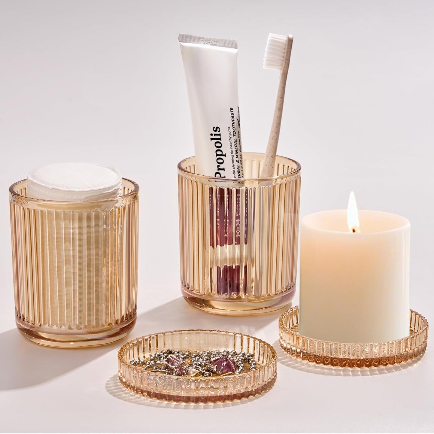 2 Pack Glass Qtip Holder Dispenser Set - Bathroom Organizer for Cotton Swabs, Balls, Pads, Floss Picks - Clear Apothecary Jars for Vanity, Makeup Storage, Bathroom Accessories Decor (Amber)