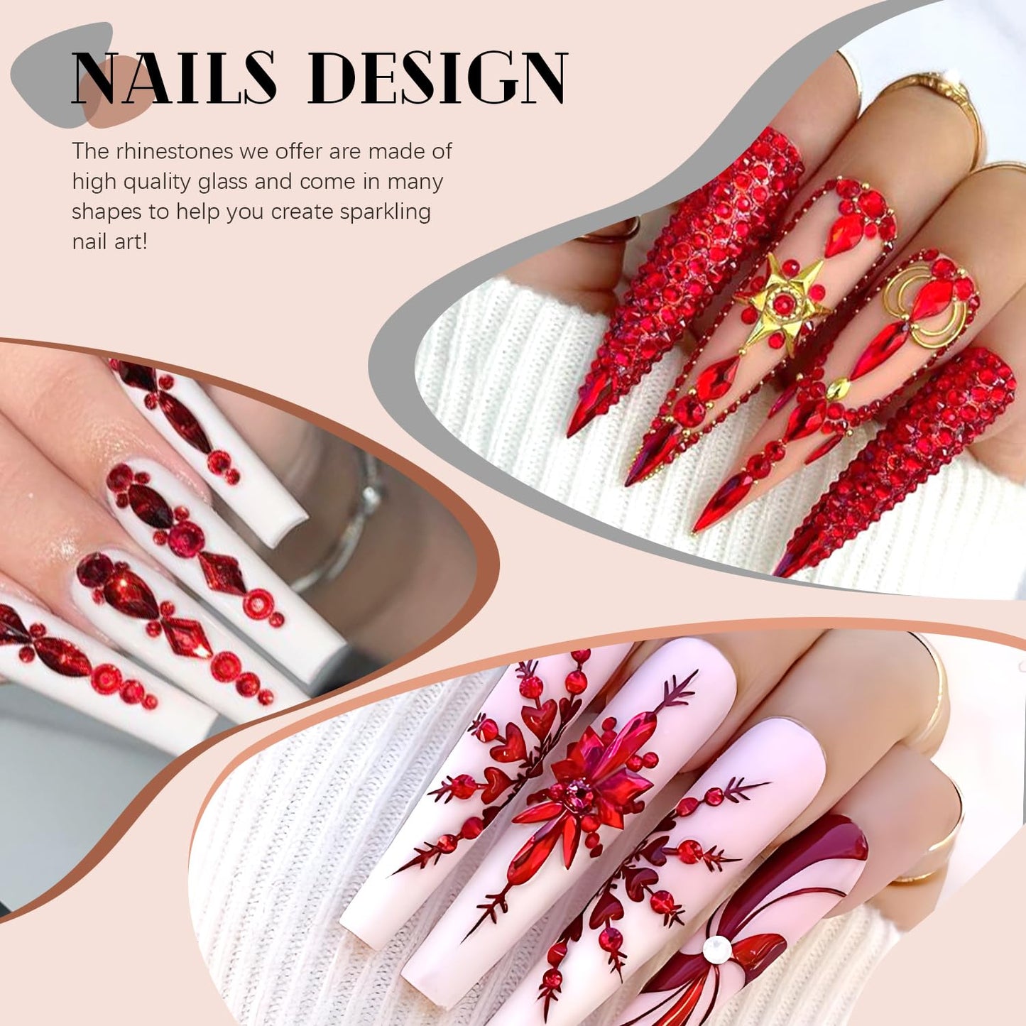 1680Pcs Red Glass Nail Rhinestones 180Pcs Multi Shapes Flatback Nail Gems + 1500Pcs 1.5-4mm Round Crystal, Manicure Nail Charms Diamond Gemstones for Acrylic Nails Decoration