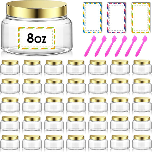 36 Pack 8 oz Plastic Cosmetic Containers With Lids Refillable Clear Empty Travle Jars Containers for Body Butter,Sugar Scrubs,Cream,Lotions,Candy, Waterproof Label&Spatulas - (Gold)