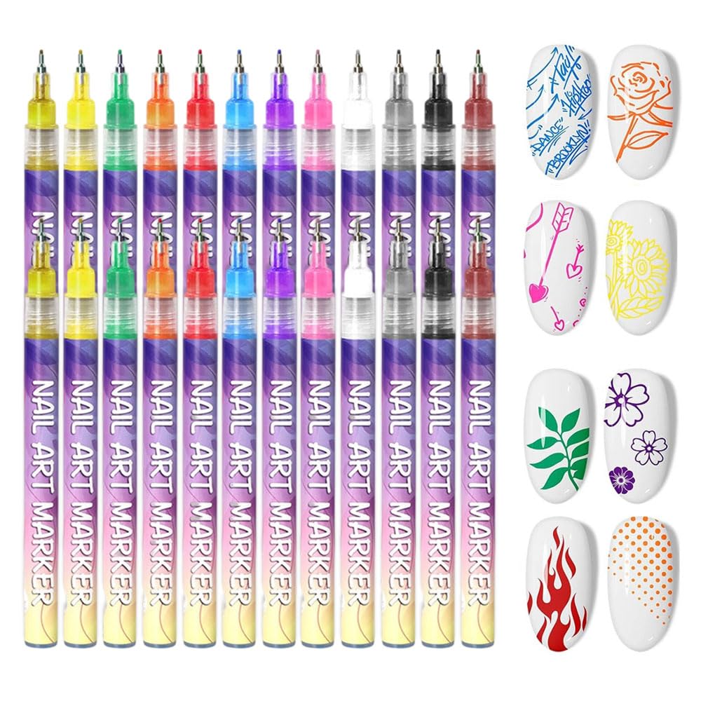 12 Colors Nail Art Pens Set, 3D Nail Art Markers Doodle Pen for Kids Adults, Nail Art Tools for Polishing Dotting Painting Liner DIY (2 set)