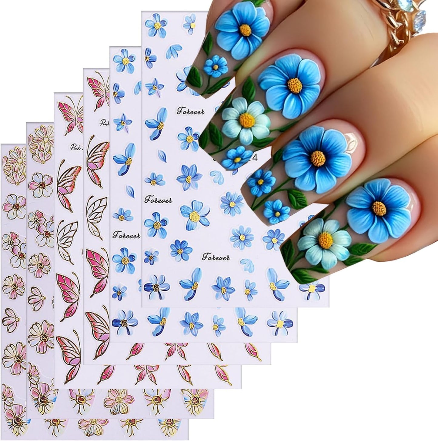 6Sheets Flower Nail Art Stickers 3D Self-Adhesive Nail Sticker Butterfly Nails Art Decals Holographic Floral Butterfly Nails Decal Decoration for Women Blue Blossom Manicure DIY Nail Supplies