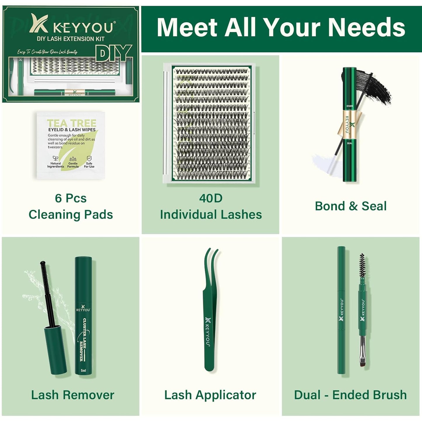 KEYYOU Lash Extension Kit DIY 300Pcs Lash Clusters Eyelash Extension Kit 40D 0.07 D Curl 9-18MIX Lash Clusters Kit with Lash Glue Remover Applicator Easy to Use for Beginners(Kit,40D-D,9-18MIX)