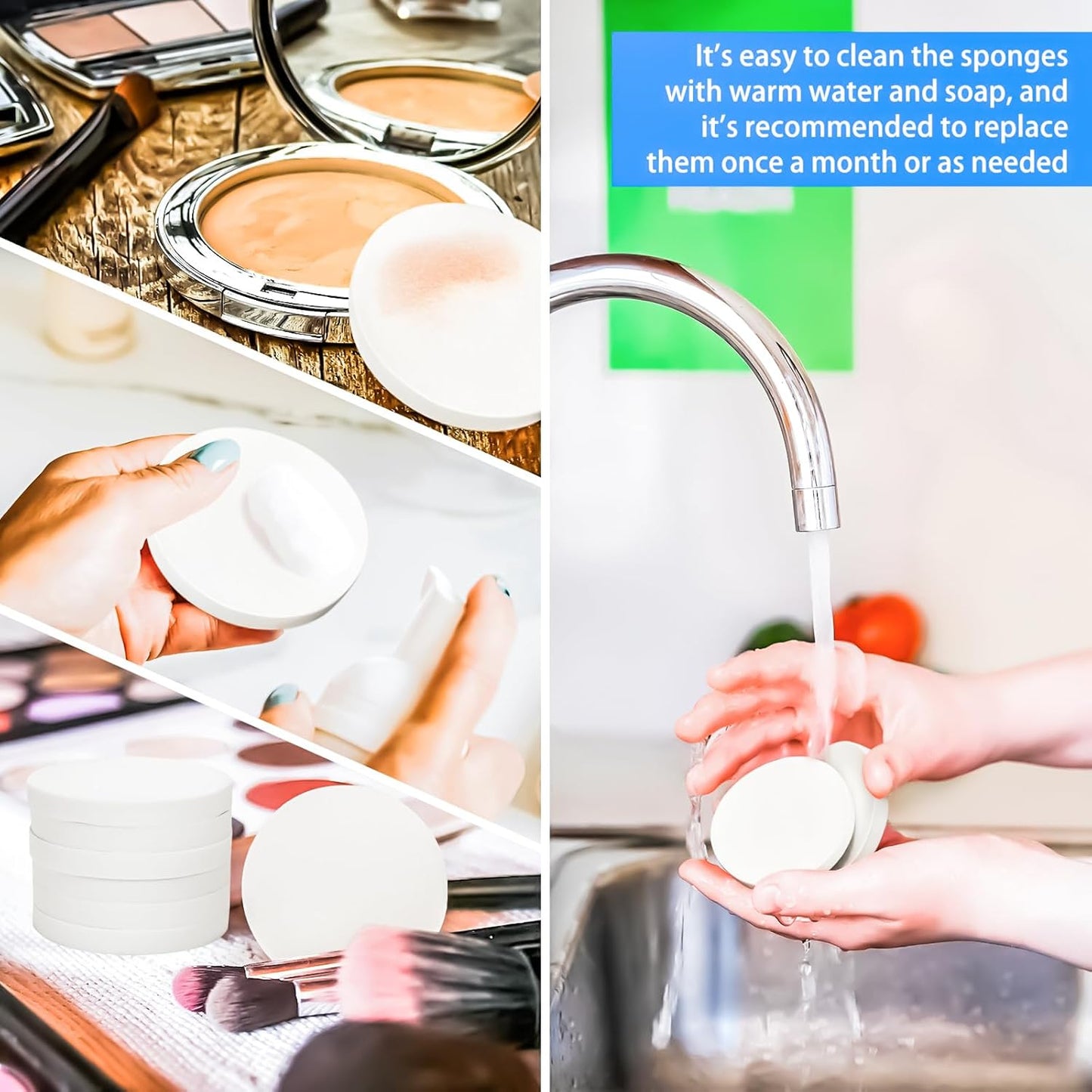 MotBach 60 PCS White Round Makeup Sponge, Cosmetic Sponge Round Foam Pad Eye Facial Powder Puff, Beauty Makeup Foundation Powder Blender for Women Lady All Skin Types Wet and Dry Dual Use