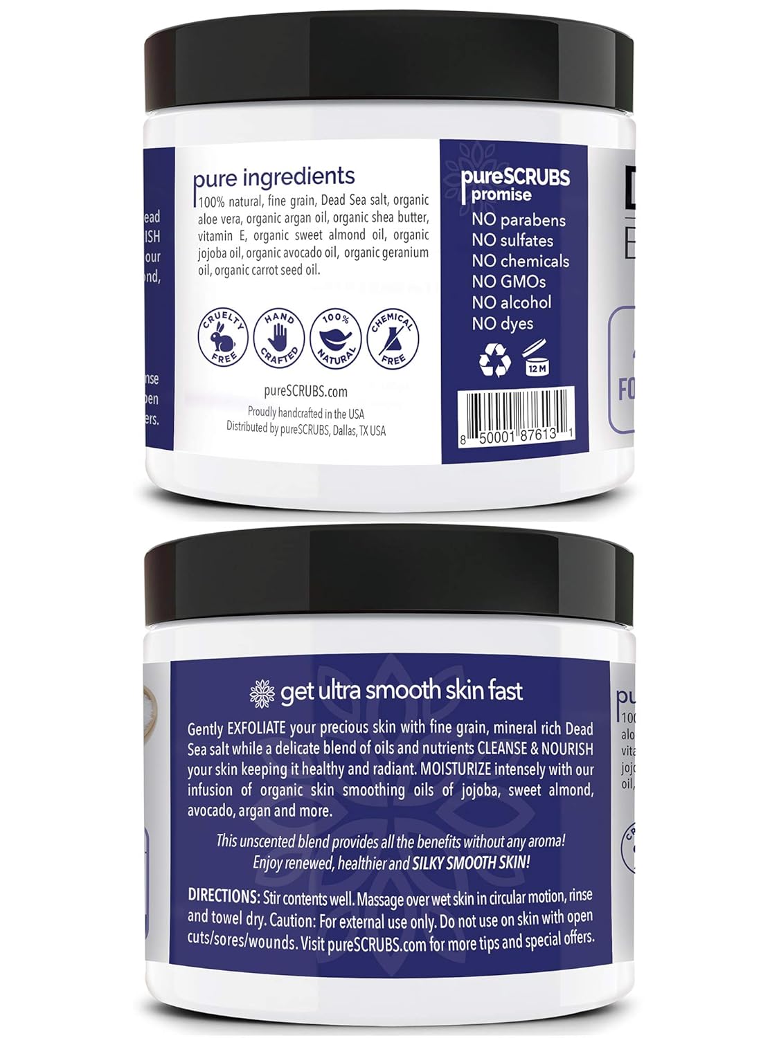 pureSCRUBS Premium Unscented Body Scrub Set - Large 16oz Dead Sea Salt Body Scrub With Infused Essential Oils & Nutrients, Includes Wooden Spoon, Loofah & Oatmeal Exfoliating Bar Soap