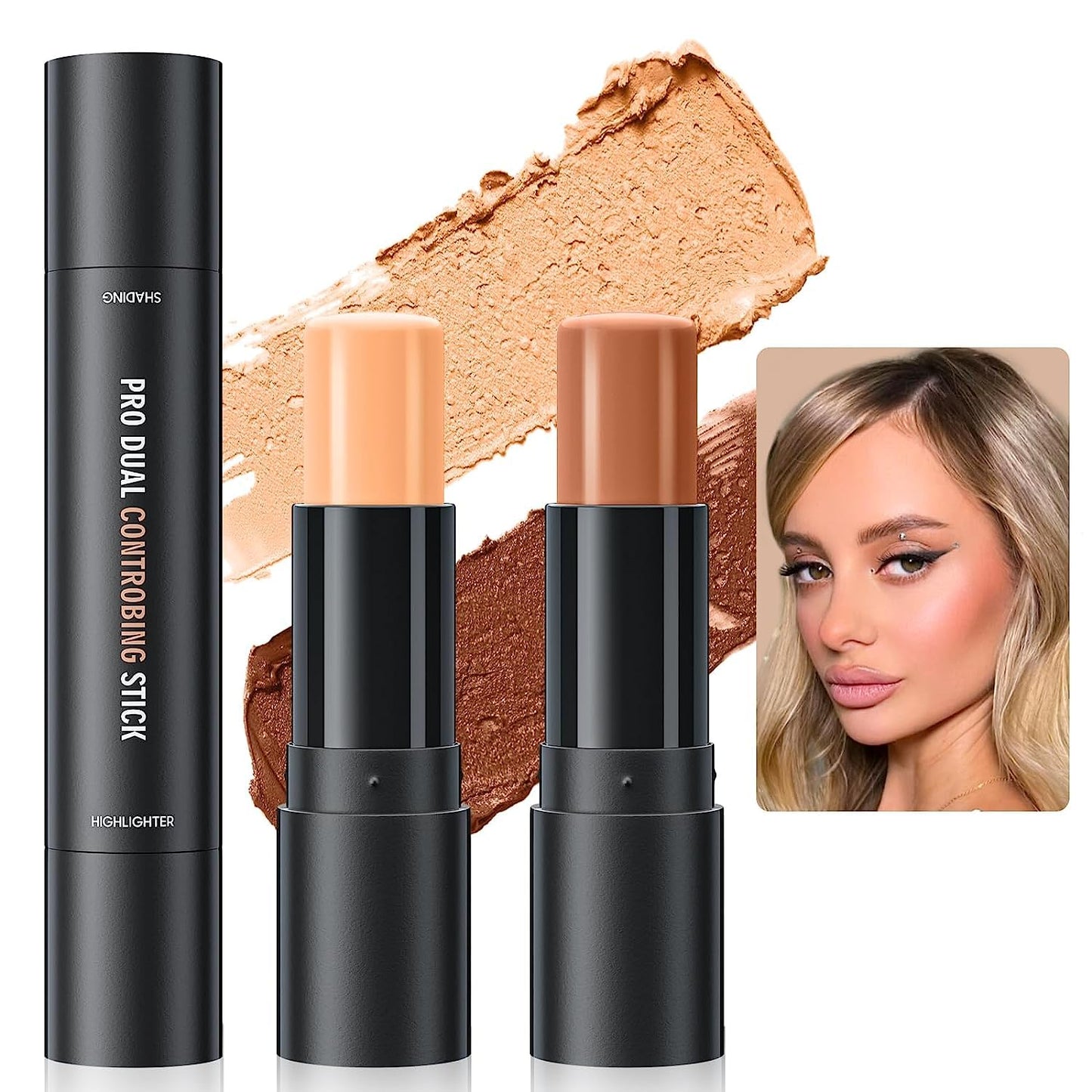 2023 Upgrade Contour Stick, 2 Colors Double-end Contour Highlighter Stick Contour Stick Face Highlighter Contour Makeup Contouring Sticks Cream Concealer (Natural, Netural Coffee)
