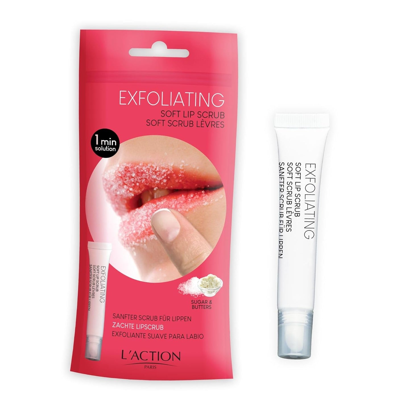 L'Action Paris Exfoliating Soft Lip Scrub, Smooth and Plumped Lips, Sugar Crystals for Gentle Exfoliation, Slanted Applicator, Soothing Shea and Mango Butter Formula 12ml