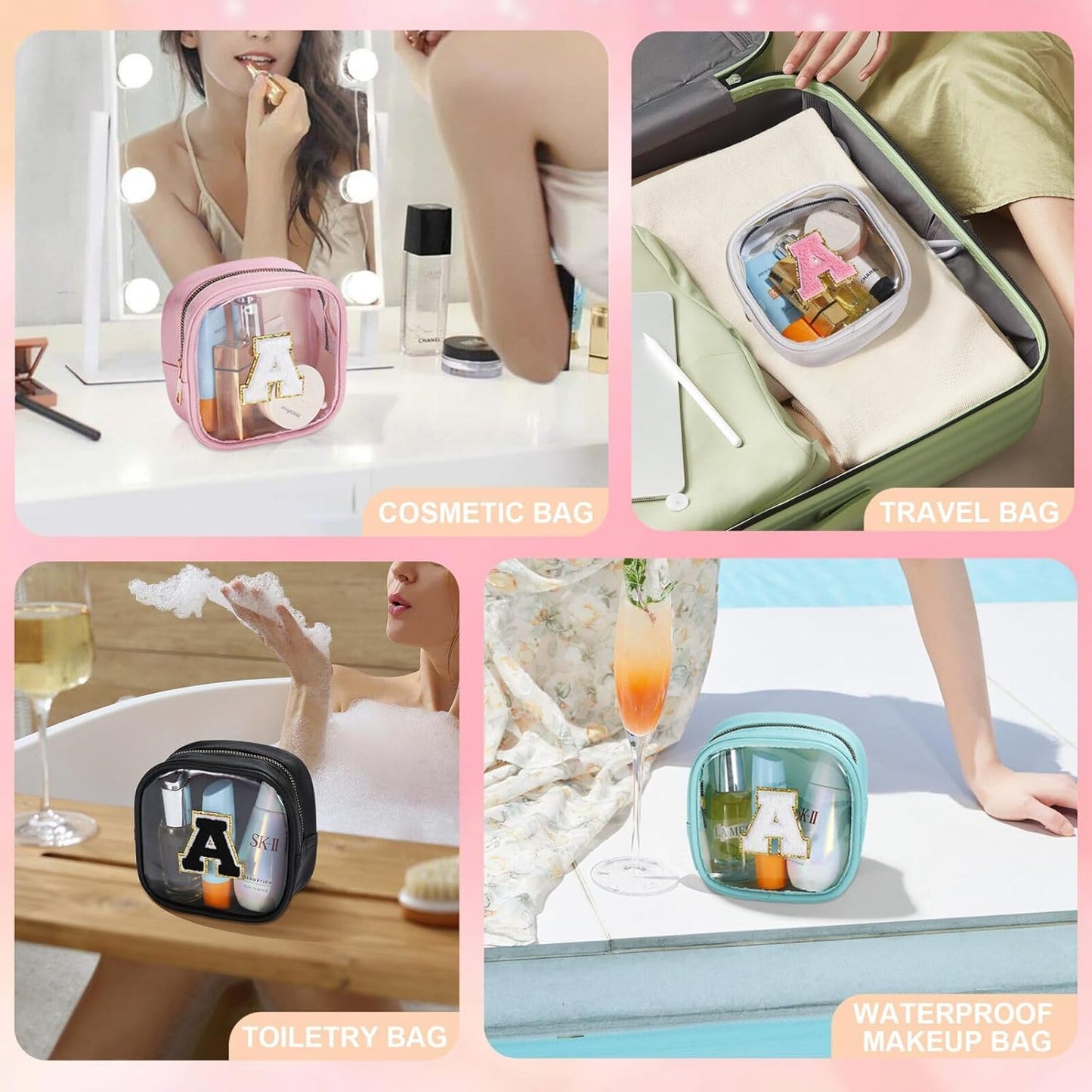 YOOLIFE Initial Make Up Bag Travel Toiletry Bag, Clear Makeup Bag Preppy Cosmetic Bags Organizer Travel Essentials Gifts for Women Teen Girlfriend Teacher Mom Birthday Mothers Day Gifts White B
