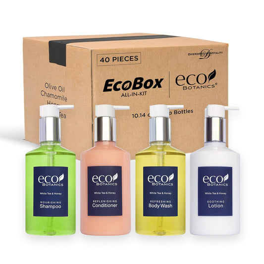 A 40 Piece Ecobox All-In-Kit of our Ecobotanics 10.14 oz. 300 ml Bottles-12 Shampoo, 8 Conditioners, 12 Body Wash & 8 Lotions