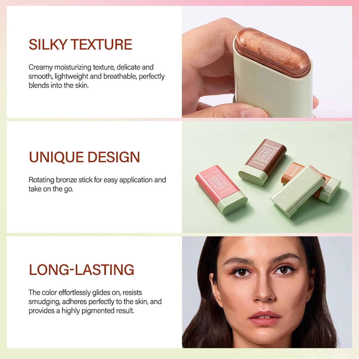 On-The-Go Bronzer Stick,Multi-Use Cream Contour Stick,Natural Long Lasting Face Bronzer,Smooth Highlighter Contour Stick,Bronze Contour Makeup Facial Shaping,03 Rich Glow