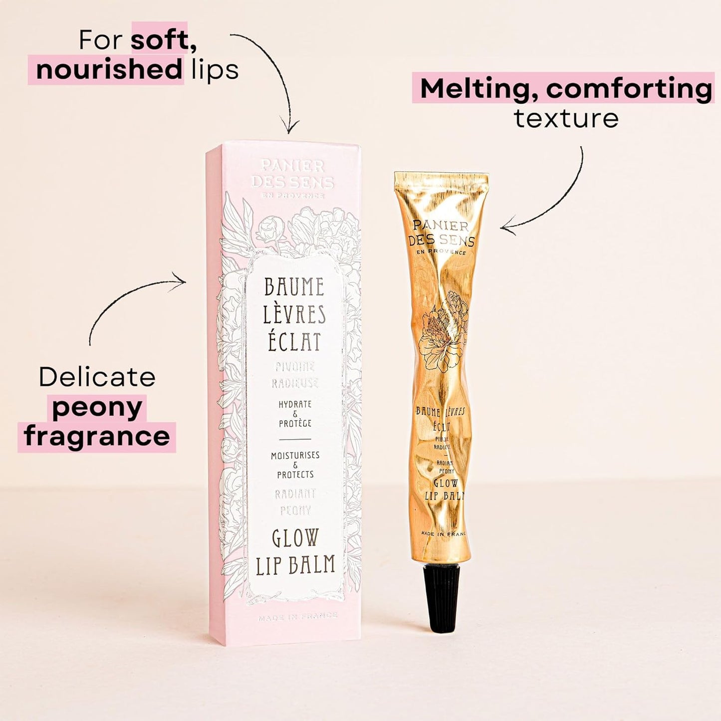 Panier des Sens - Peony Lip Balm for Women - Lip Moisturizer - Shea butter & Sweet almond oil - Made in France Lip Care - 98% Natural Ingredients - Lip Balm Hydrating for Dry Lips - 0.5 Fl oz