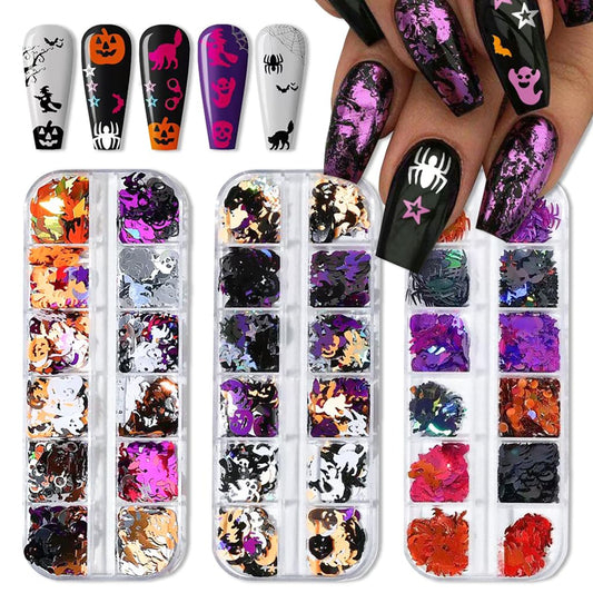 3 Boxes Halloween Nail Art Sequins 3D Holographic Pumpkin Face Spider Ghost Skull Halloween Nail Glitter Sequins Nail Art Supplies Decorations for Women 36 Styles