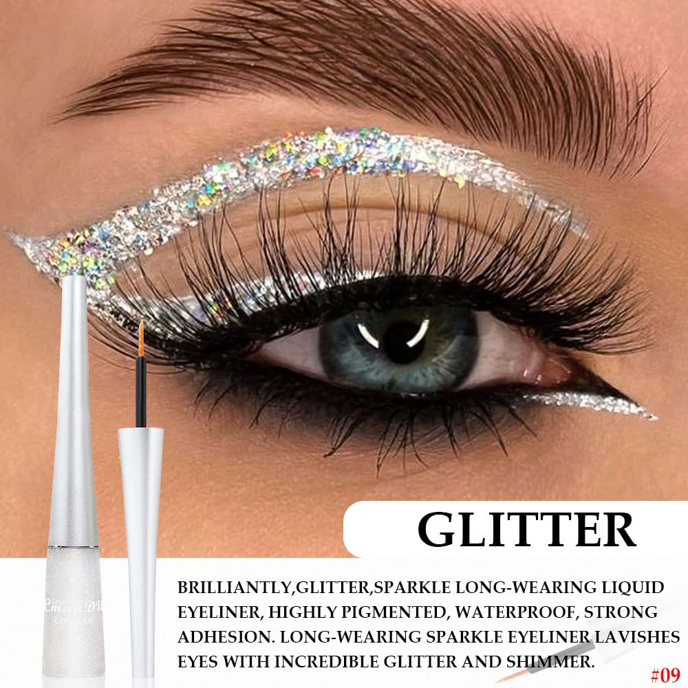 evpct 2Pcs Pearl White Silver Color Liquid Glitter Eyeliner Liners Sets for Women Liquid Sparkly Glitter Eyeliner delineador con glitter de colores para ojos colores 09+10