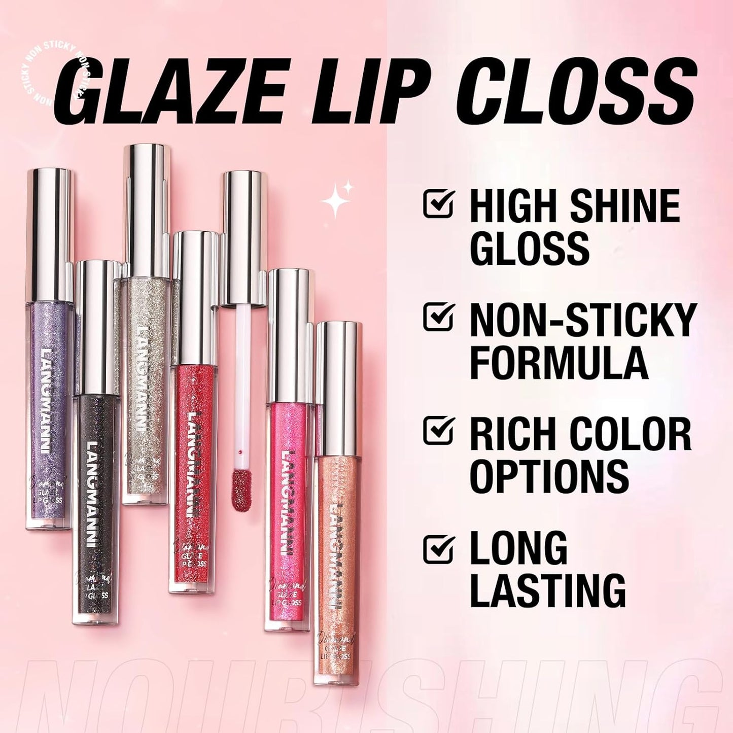 LANGMANNI 4 Colors Diamond Glitter Lip Gloss Set,Long Lasting High Shine Shimmer Liquid Lipstick Set,Hydrating,Moisturizing Lip Gloss Kit Gift Makeup For Girls(#01+02+03+04)