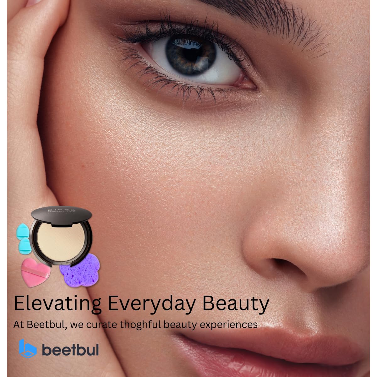 Beetbul Makeup & Exfoliation Kit - Bissú Compact Powder + 1 Medium Velvet Puff + 2 Finger Puffs + 1 Facial Exfoliating Sponge (03 Nude, One Size)