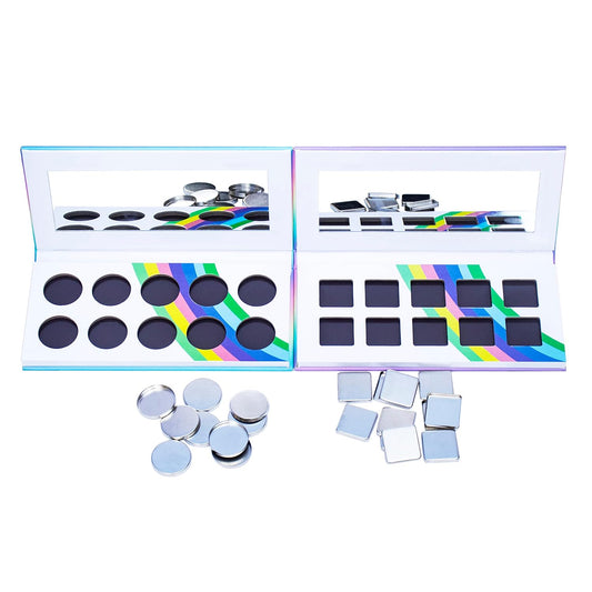 2PCS PU leather pastel sparkle empty magnetic palette with 10Pcs 26mm Round Metal Pans and 10Pcs 23mm square Metal Pans,DIY Eye Shadow makeup palette,elastic, flexible and lubricated, waterproof and easy to clean (Suit-1)