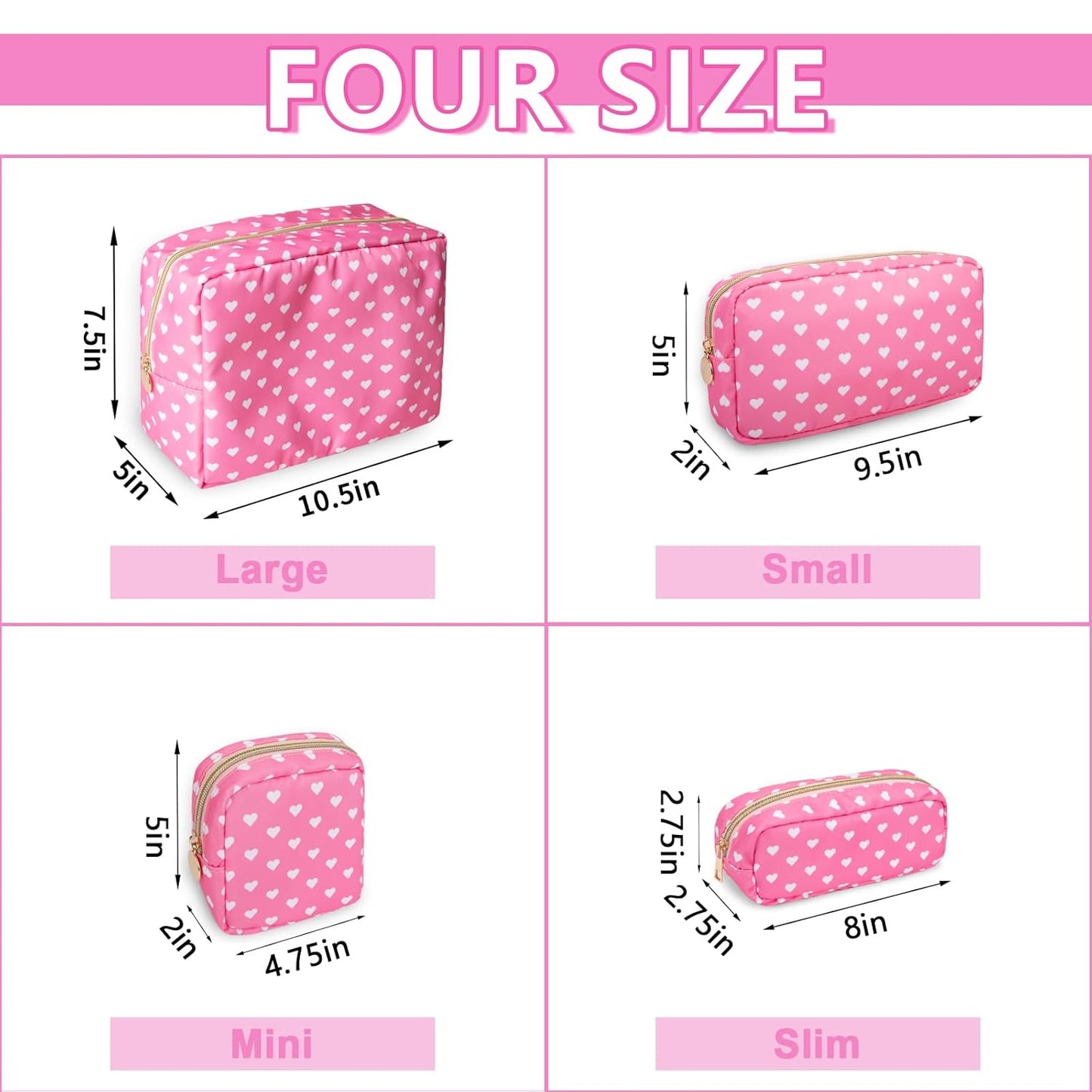 Small Pencil Case Makeup Bag for Purse, Cute Pencil Pouch Preppy Nylon Makeup Brush Bag with Zipper , Girls Portable Stationery Storage Case Small Pen Bag for Office School College(Slim-Pink Heart)