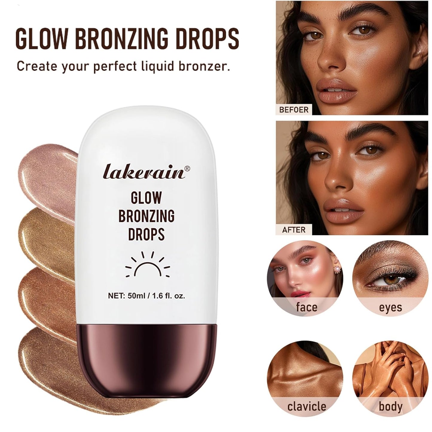 Bronzing Drops For Face, Liquid Bronzer Glow Drops, Face Body Shimmer Glow Illuminator, Nourishing Skincare Bronzer Shimmer Oil, Waterproof Moisturizing Body Highlighter(04 Rich Bronze Glow)