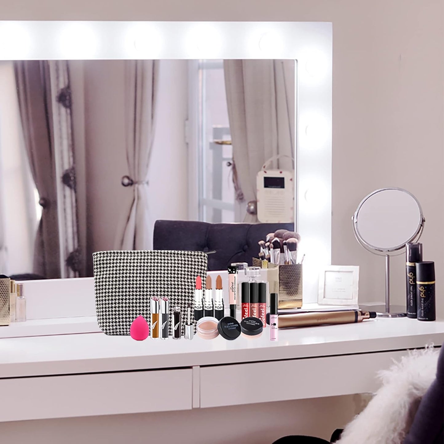 Makeup Bags for Purse Zipper Cosmetic Pouch Large Travel Canvas Make Up Organizer Tool Pouch for Women and Girls,Houndstooth Black