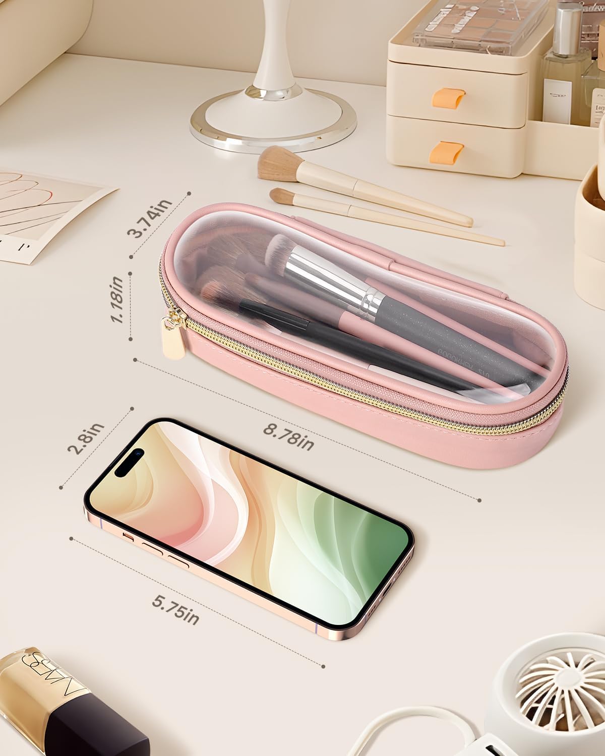 Clear Travel Makeup Brush Holder, Leather Makeup Brush Toiletry Bag, Portable Cosmetic Brush Case, Transparent Waterproof Makeup Brush Storage Bag, Pink, Large