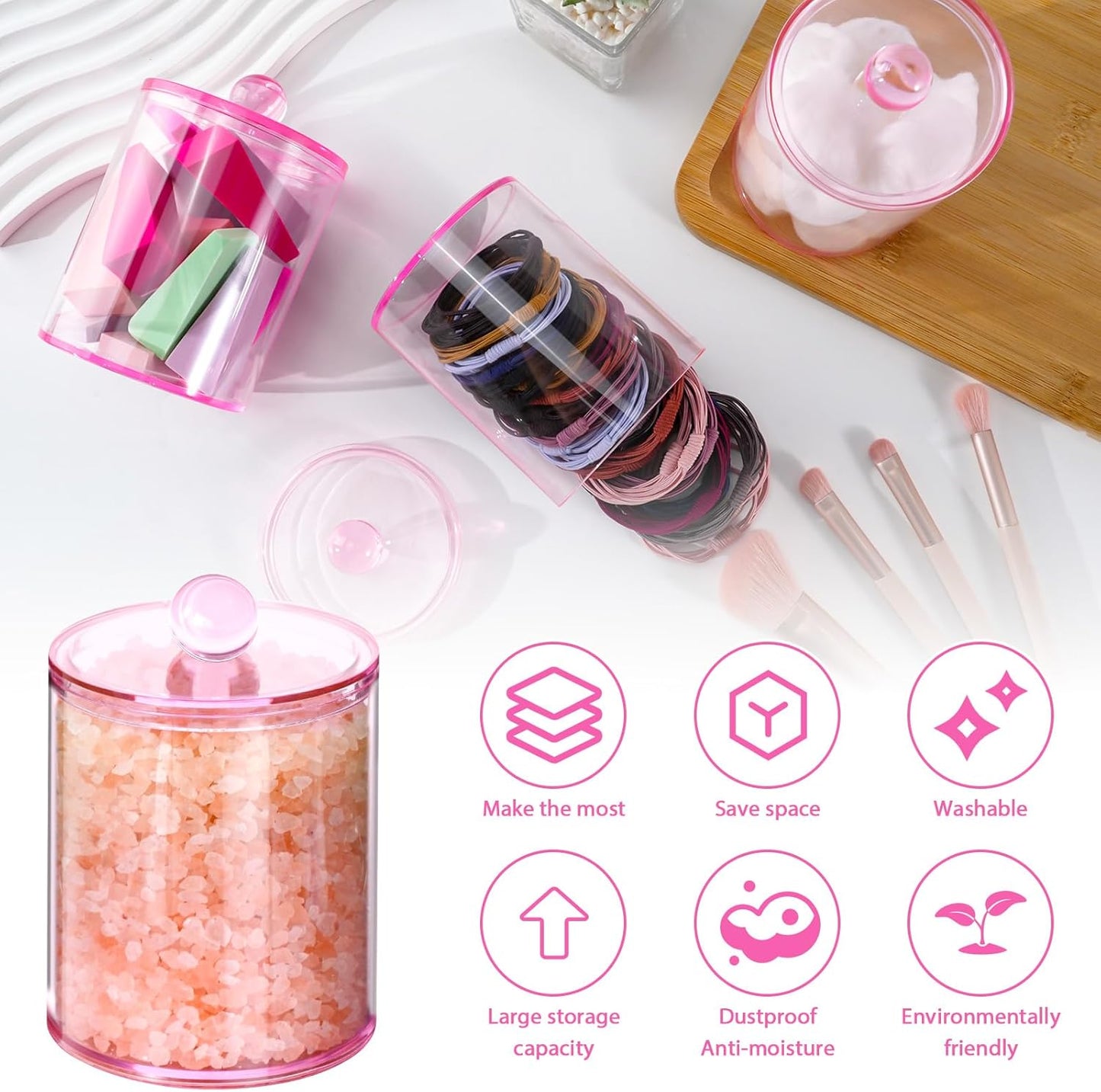 4 Pack Qtip Holder,Canister Apothecary Jar Set, Bathroom Jars with Lids Set for Cotton Swabs, Balls, Pads, Floss Picks,10oz-12oz Plastic Canisters Restroom Bedroom Vanity Organizer(Pink)