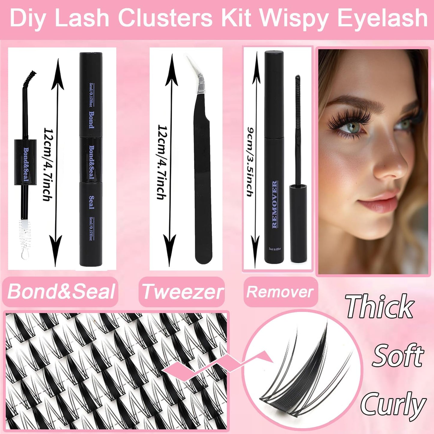 Lash Clusters Kit, Eyelash Clusters Individual Lash Extension Kit D Curl Fluffy Wispy False Eyelashes Extensions Thin Band with Bond Seal Tweezers Brush (SMY11 8-16mm)
