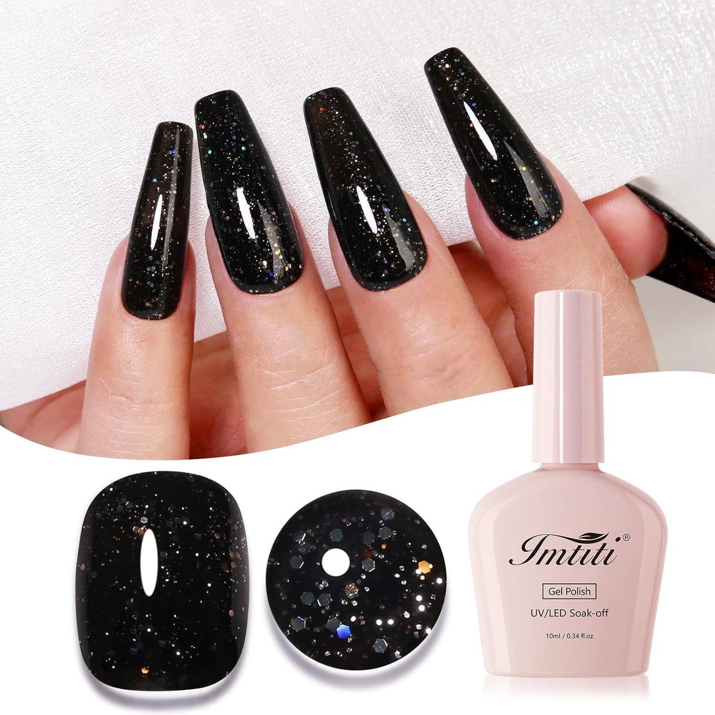 Imtiti Glitter Gel Nail Polish, Black Iridescent Glitter Gel Polish Diamond Shimmer Sparkle Soak Off UV LED Autumn Winter Manicure 10ML