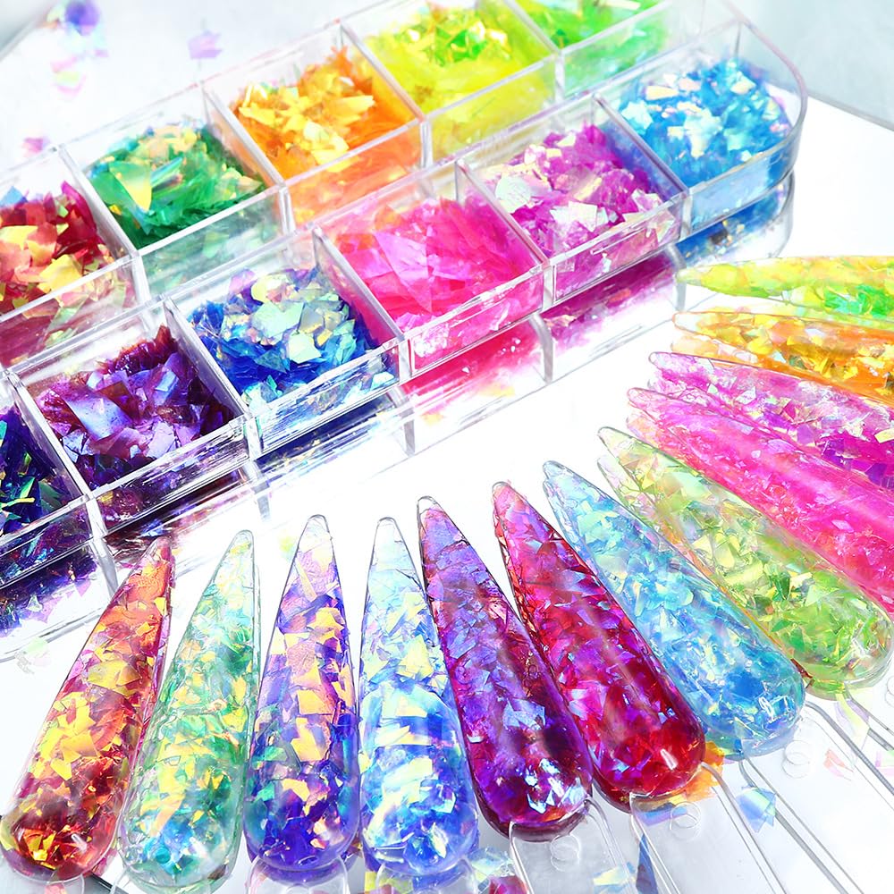 12Grids Holographic Mermaid Colorful Nail Art Glitter,Irregular Rainbow Candy Color Nail Art Flakes Sequins Gradient Bright Ice Slag Nail Sequins Summer Metallic Foil Nail Supplies DIY Nail Decoration