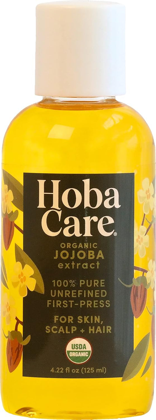 HobaCare Organic Unrefined Jojoba Oil for Nails, Cuticles, Dry Skin, Beard, Scalp Massage – Mini Travel Size 100% Pure Hexane Free Natural Carrier Oil for Skincare, Hair, Shaving Aftercare (4.22 oz)