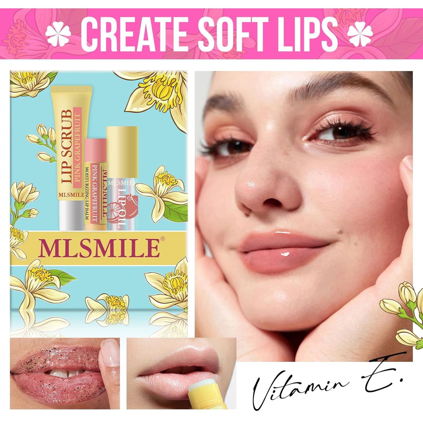 Lip Care Combo 3 pcs Set, Natural Kissers Scrub, Balm Moisturizing Oil, Vitamin E Moisturizing Treatment Overnight Treatment for Dry Chapped Lips, Nourishing Skincare Gift (03, PINK GRAPEFRUIT)