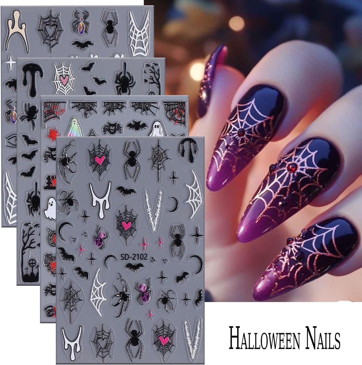 6 Sheets Halloween Nail Art Stickers 3D Self -Adhesive Ghost Bat Spider Nail Decals Holographic Spider Web Skeleton Blood Drop Nail Stickers Halloween Nail Decoration for Women Manicure Supplies