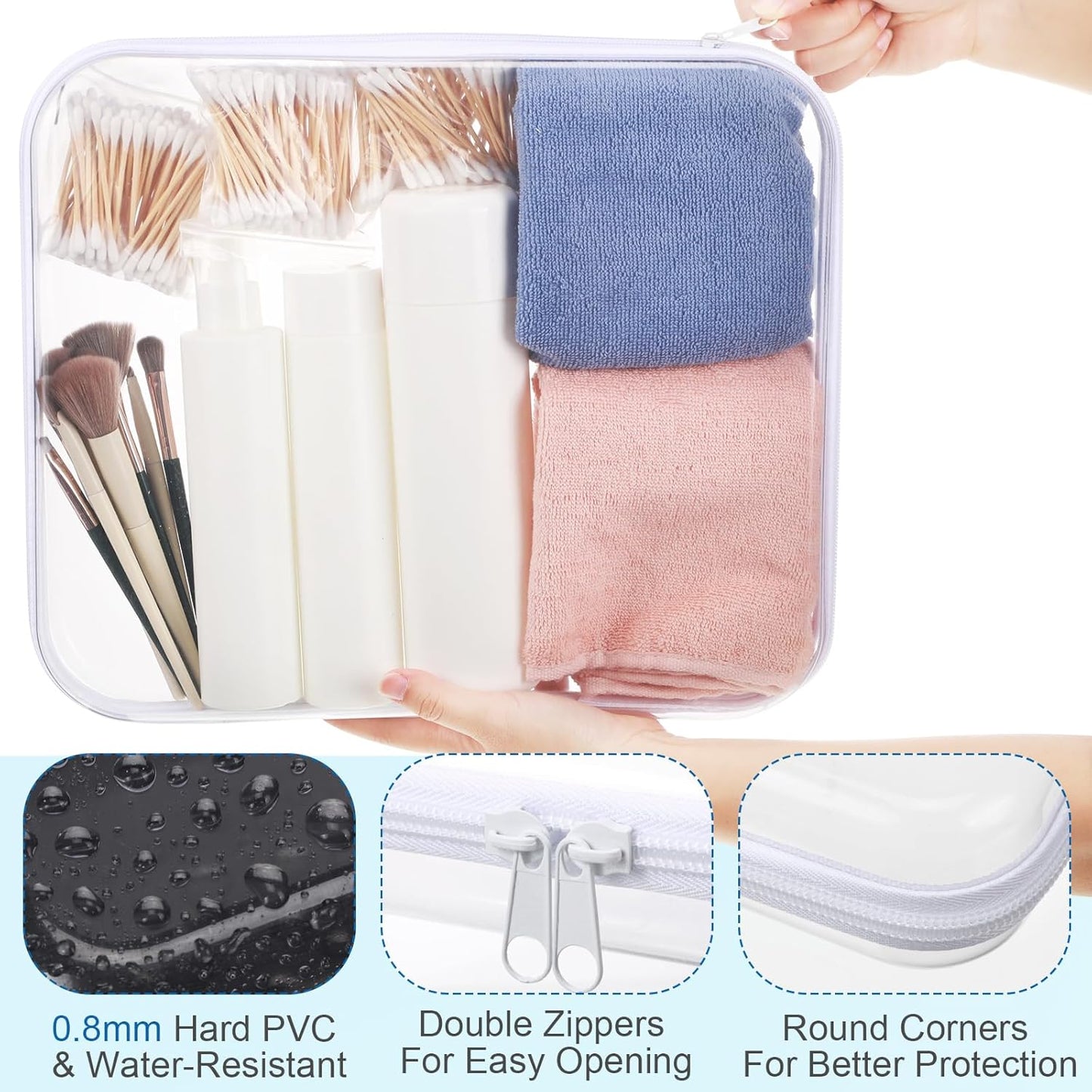 Sanwuta 6 Pcs Clear Hard Zipper Case Pencil Pouches Hard Plastic Zipper Pouches Makeup Bag Transparent Cases for Snacks Plastic Storage Organizer Box for Travel(White,13.78 x 11.81 x 2 Inch)