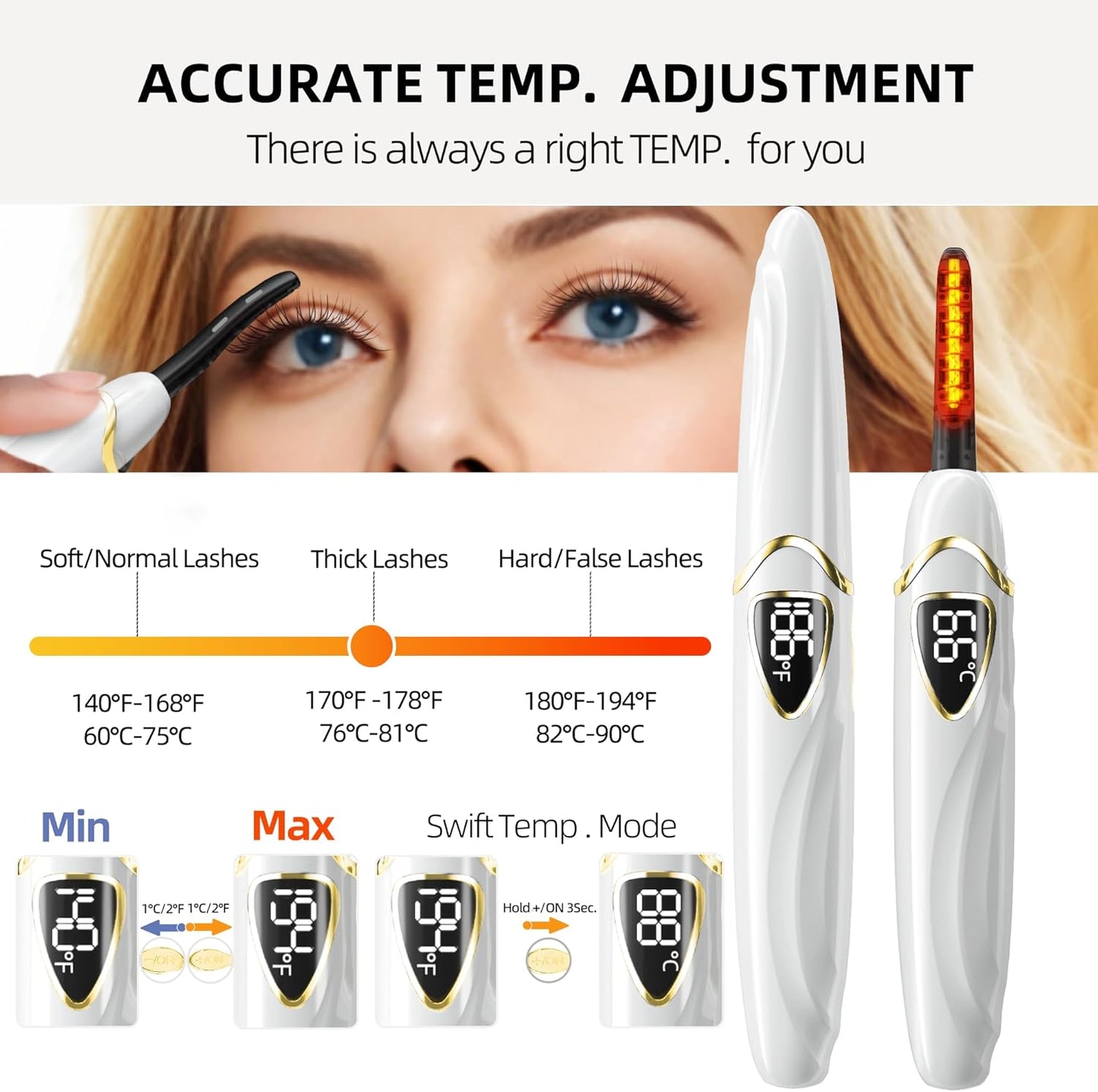 Heated Eyelash Curler, Heated Lash Curler, Accurate Temperature Control Electric Eyelash Curler Heated - Intelligent Power Off, Natural Makeup (Whisper White/Gold, S600-148MM)