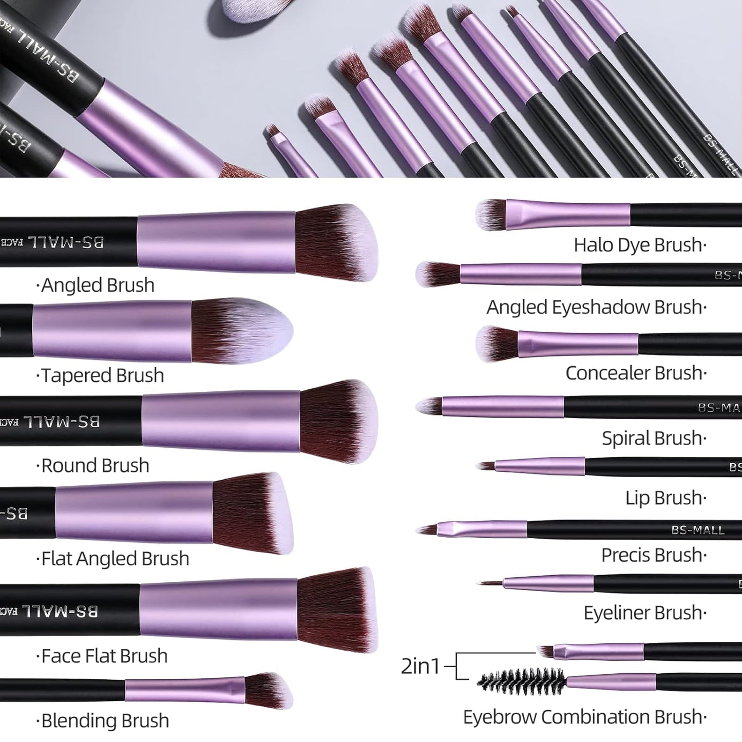 BS-MALL Makeup Brushes Premium Synthetic Foundation Powder Concealers Eye Shadows 14 Pcs Purple for Makeup Beginner or Professional with Travel Case